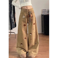 休闲小熊刺绣牛仔裤女春秋季高腰显瘦直筒阔腿牛仔裤KA9153，男装牛仔裤，星座1116A（原606A-3）