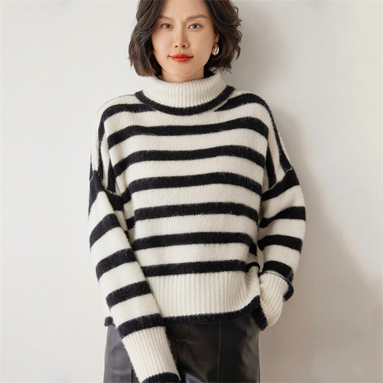 高翻领加厚软糯感山羊绒衫女条纹拼色针织毛衣宽松羊毛衫打底上衣图片
