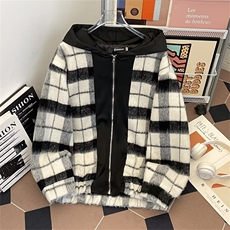 F634P85小香风假两件连帽格子外套冬季新款复古青年宽松休，男装棉衣，星座512-6