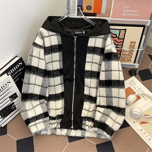 F634P85小香风假两件连帽格子外套冬季新款复古青年宽松休图片