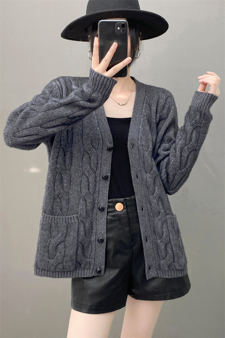 欧货秋冬软糯纯山羊绒开衫女V领毛衣加厚宽松扭花披肩外套针织衫,女装羊绒衫,织绒羊
