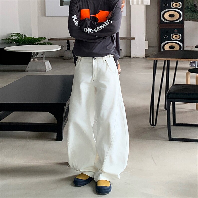 美式复古白色弯刀牛仔裤2025夏季男女宽松百搭阔腿长裤YD9017-P70,男装牛仔裤,星座509