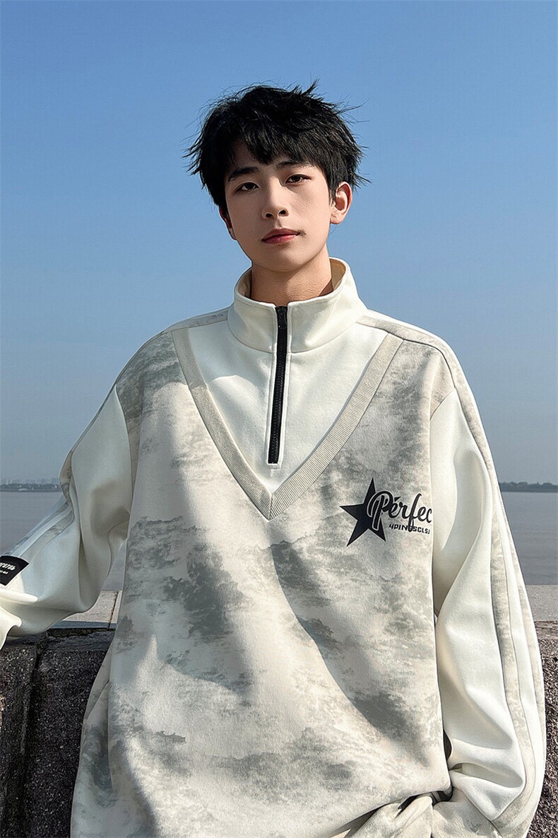 现货2026春季脏脏布半拉链卫衣假两件宽松A436-109-P5888,男装卫衣,电商A436