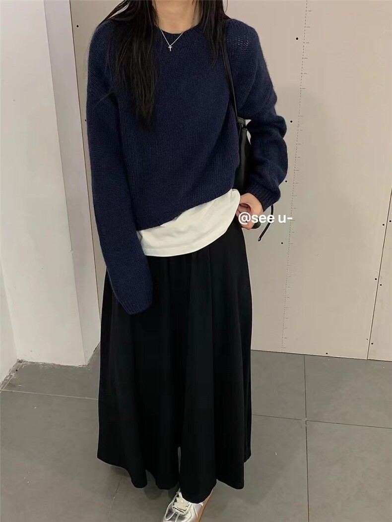 时尚宽松短款针织衫女秋冬加厚圆领小个子毛衣纯色打底衫,针织衫/毛衣,半城羊绒