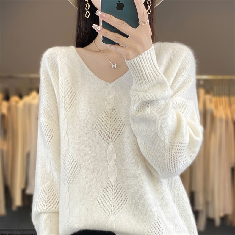 V领菱形扭花100%纯羊毛衫女镂空钩花针织毛衣宽松长袖打底羊绒衫，女装羊毛衫，鸿陌羊绒