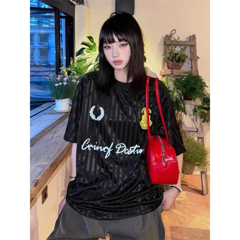 夏季运动百搭休闲宽松女复古暗纹拼接设计感圆领短袖T恤 TX825图片