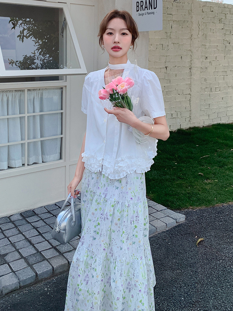 韩版温柔系甜美休闲衬衫套装女2025夏季新款显瘦碎花半身裙两件套,女装套装/套裙,浙宝305