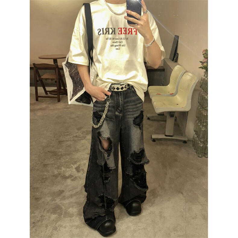 24年春季宽松直筒休闲阔腿破洞牛仔裤X1002-1-NZ2321-P65,男装牛仔裤,星座1002-1