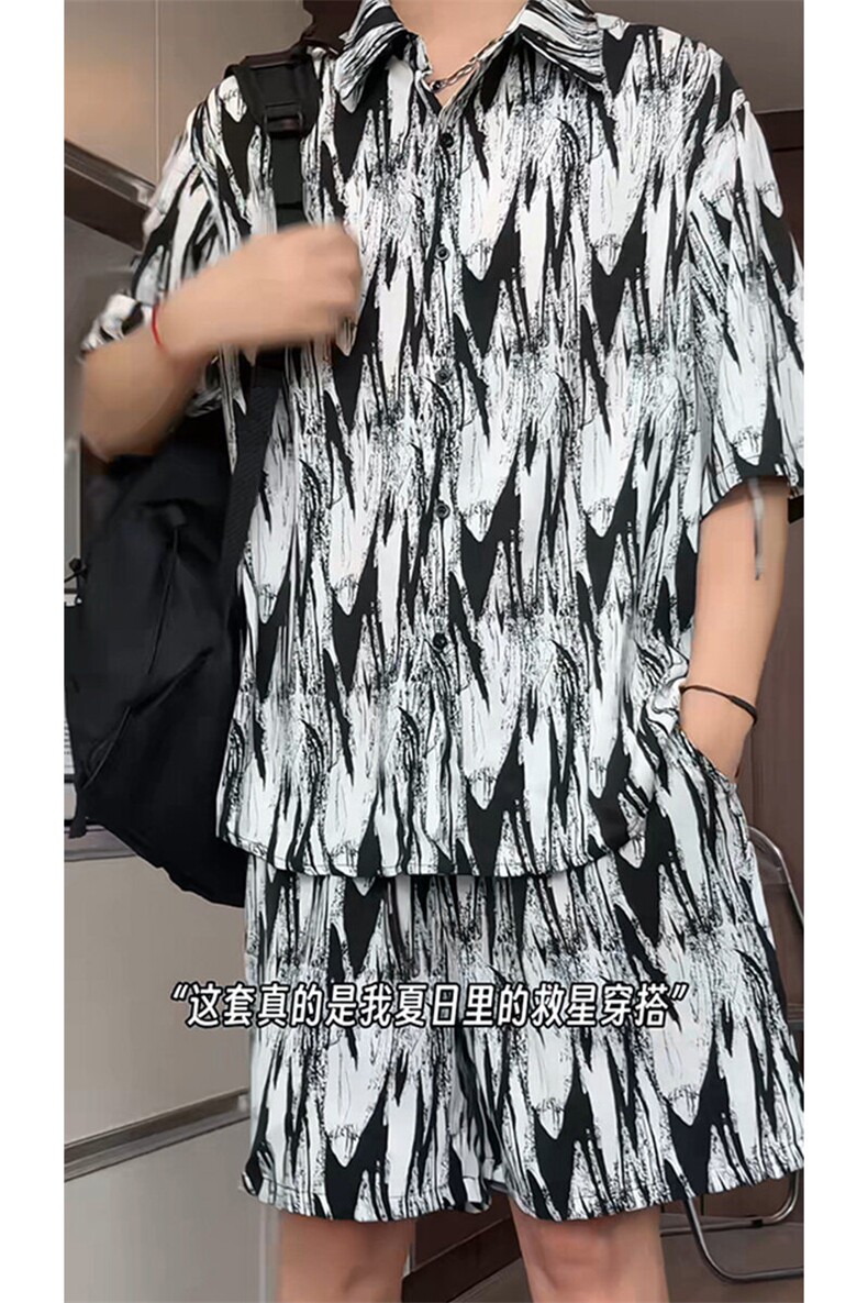 短袖衬衫男+短裤男套装男100%聚酯纤维M-5XL大码TZ78721P50控98,男装牛仔裤,星座226-1