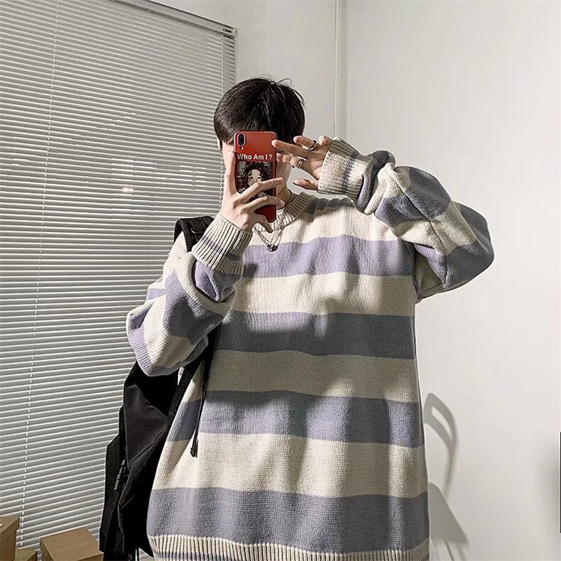 小众毛衣男ins复古圆领针织衫秋季条纹慵懒风情侣毛衣1274-P42,男装针织衫/毛衣,星座910-5