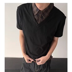 美式复古2025新款假两件格子领短袖T恤男女夏季宽松休闲POLO衫，男装T恤，星座506A