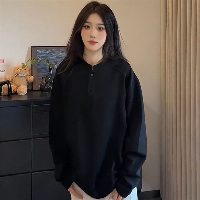 抖音得物品质美式高街重磅曼巴棉拼接cleanfit亨利领卫衣长袖T恤,男装T恤,电商A486