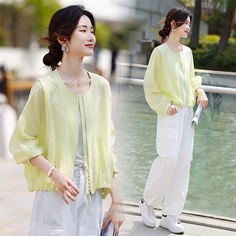爆【现货】宽松圆领薄款短外套上衣女2025夏季小个子时尚防晒衣，女装防晒衣，鑫源服饰