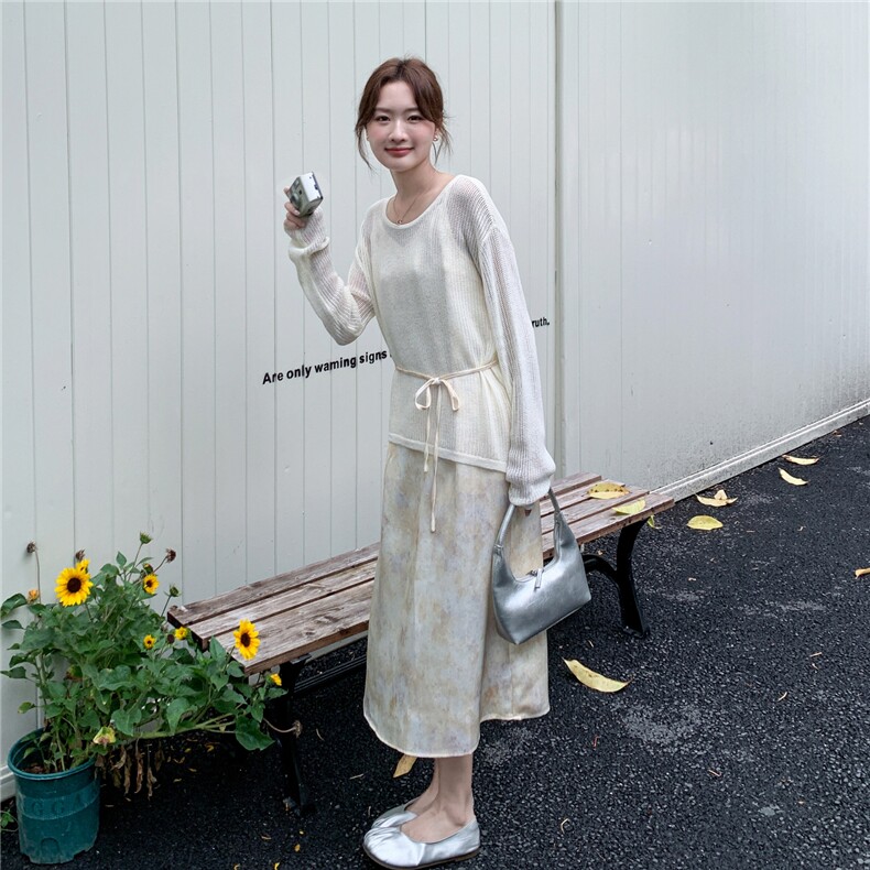 法式温柔风扎染吊带长裙+镂空针织开衫女夏显瘦通勤两件套,女装套装/套裙,维壹