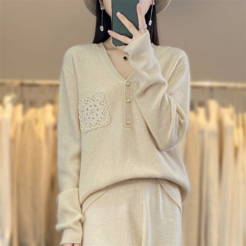 秋冬V领长袖羊毛针织衫女韩版宽松时尚百搭上衣内搭毛衣，女装羊毛衫，江南羊绒