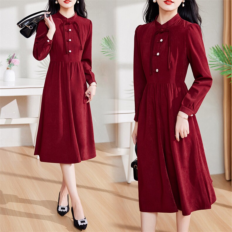 现货-新品】春装新款连衣裙2024年高腰红色气质旗袍长袖中长款裙，女装连衣裙，仁梯