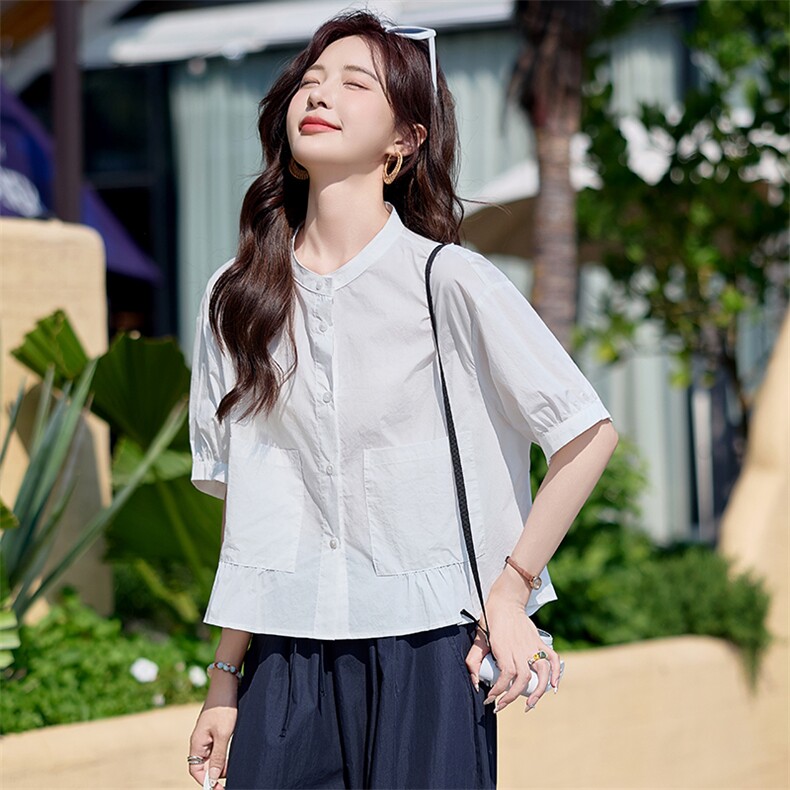时尚休闲气质套装女2025夏宽松显瘦通勤白色短袖衬衫阔腿裤两件套图片