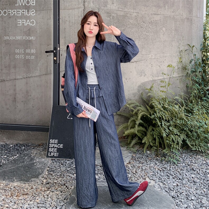 高级小众穿搭韩系chic蓝色衬衫套装女初春秋超火好看阔腿裤三件套,女装套装/套裙,2C056