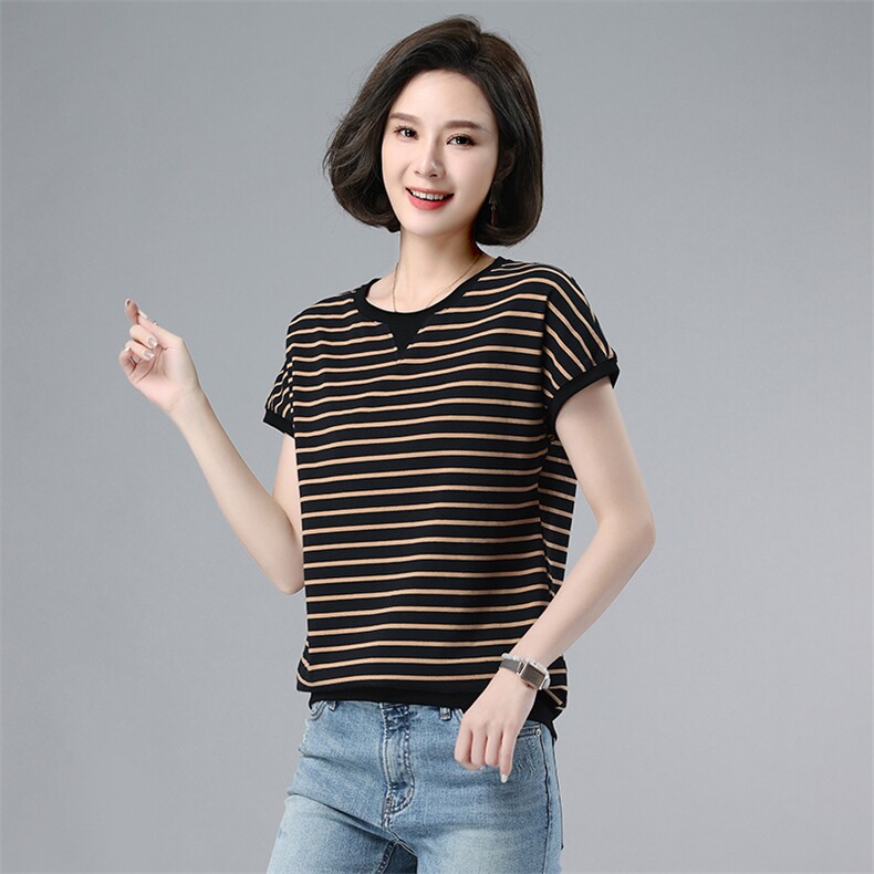 2023夏装新款条纹包袖宽松T恤女，女装T恤，伊满意
