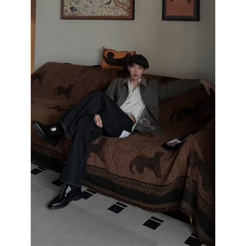 千鸟格外套男春秋款美式设计高级感廓形翻皮领哈灵顿夹克,男装夹克,四季星座505