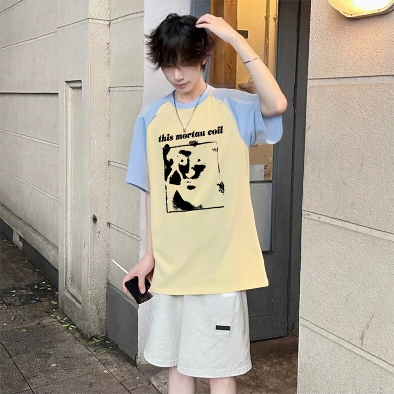 抖音得物高品质二开240克宽松纯棉美式潮牌插肩袖拼接短袖T恤,男装T恤,电商A486