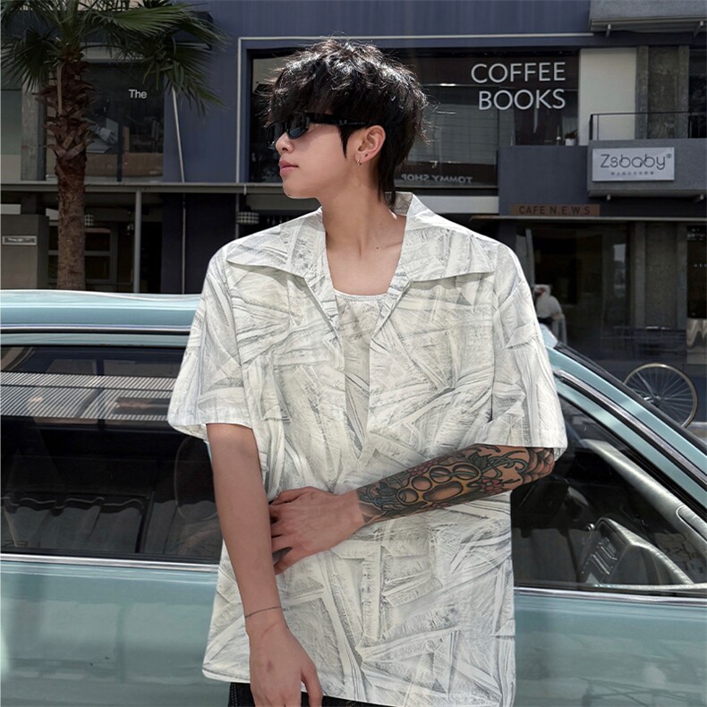 男士夏季冰丝透气速干透气长袖衬衫美式宽松扎染双门禁假两件衬衫，男装衬衫，电商B319