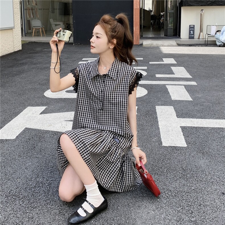 法式复古蕾丝拼接飞袖格子翻领简约休闲连衣裙女2025夏季新款裙子,女装连衣裙,2C273