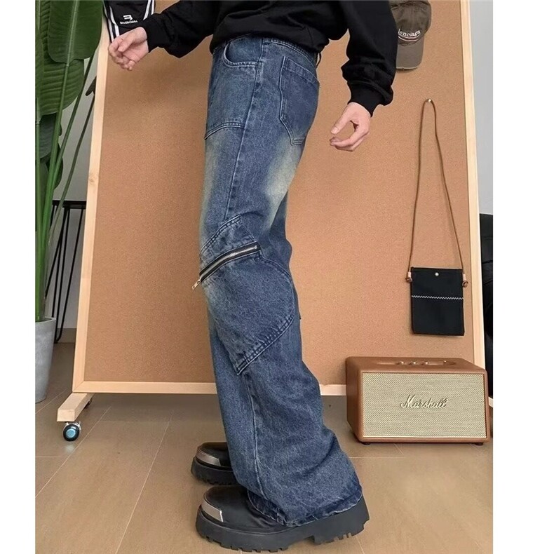拉链设计水洗工装牛仔裤宽松阔腿街头风痞帅百搭裤子男LS6003-p53,男装牛仔裤,星座1008