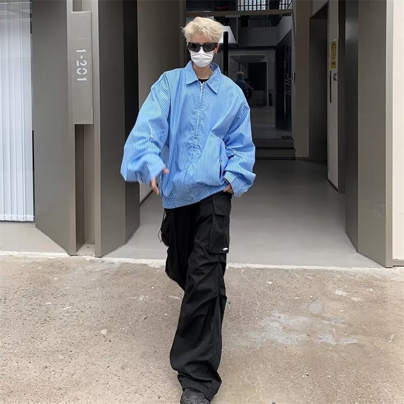 美式外套男生短款潮牌春秋季条纹拉链衬衫痞帅夹克高级设计感,男装夹克,星座716-3