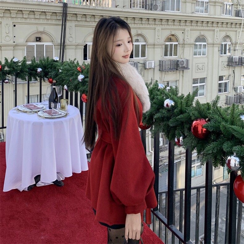 现货新款圣诞款2176-P350-K520双面羊绒大衣配围脖，女装双面呢大衣，韩然一族