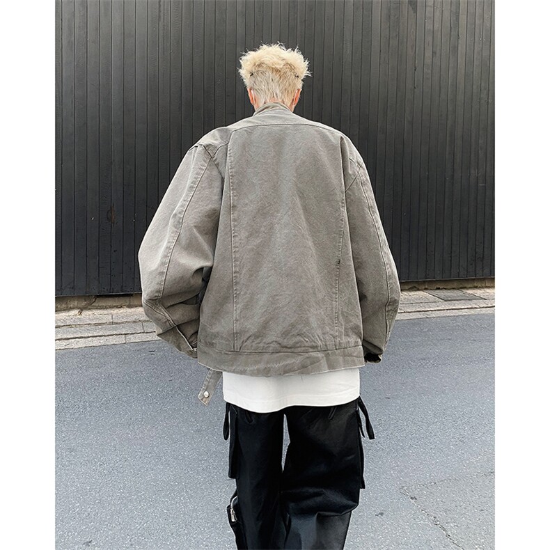水洗灰色立领牛仔外套男春秋复古潮牌拉链短款外套美式哈灵顿夹克，男装工装外套，星座505-2（原电商A260-1)