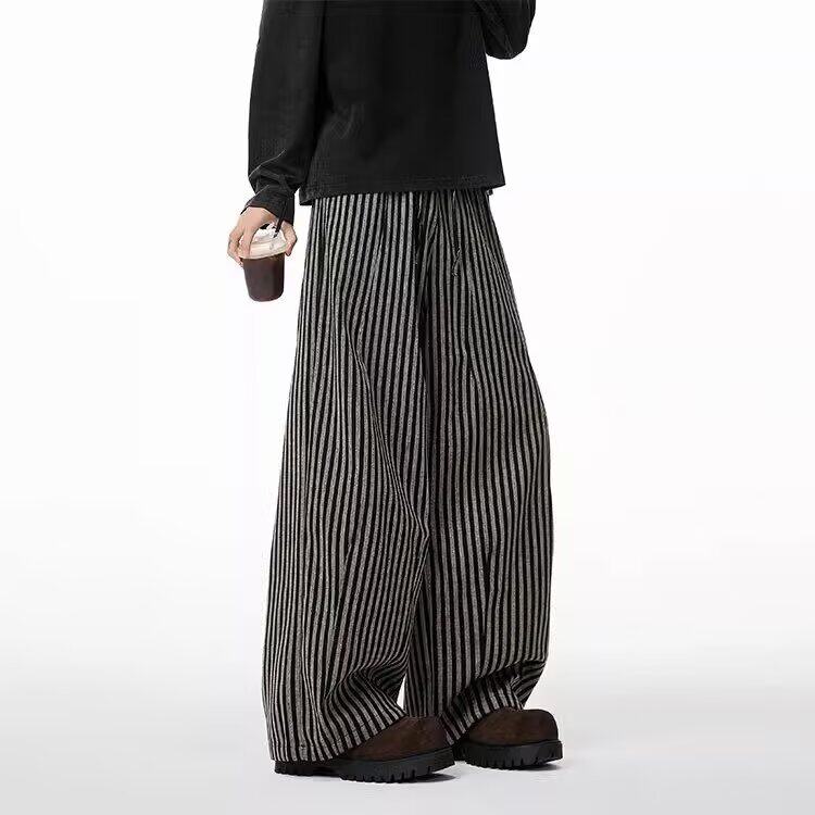 ALLIN美式复古宽松慵懒松弛感阔腿休闲裤男夏竖条纹直筒拖地长裤,男装休闲裤,星座715-4
