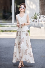 时尚轻熟风套装裙女2025夏新款气质显瘦无袖马甲印花半身裙两件套，女装套装/套裙，维一诺（1D095）