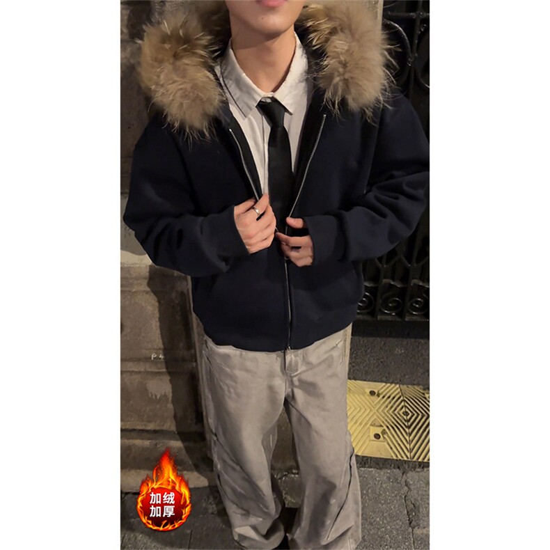 加绒卫衣连帽大毛领港风双拉链开衫外套男女款5D4098-TP75118,女装短外套,电商A102