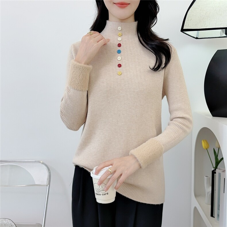 彩色扣半高领针织衫女2025秋冬加绒加厚大码胖mm内搭打底衫上,针织衫/毛衣,雄坤针织