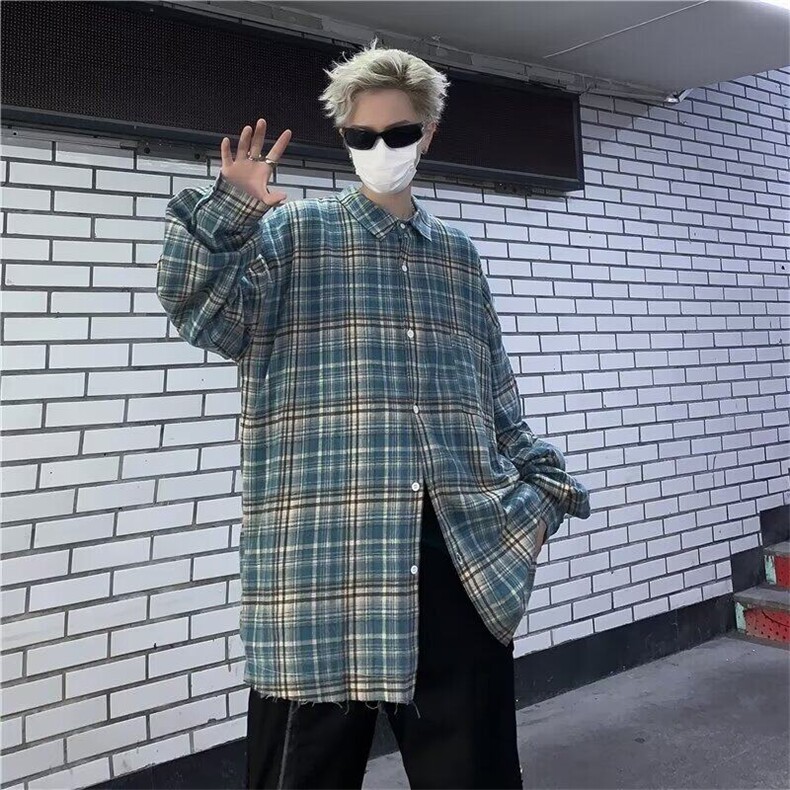 D798-P46美式复古蓝色格子衬衫男女宽松休闲百搭外套潮男生2025年,男装衬衫,星座603-2