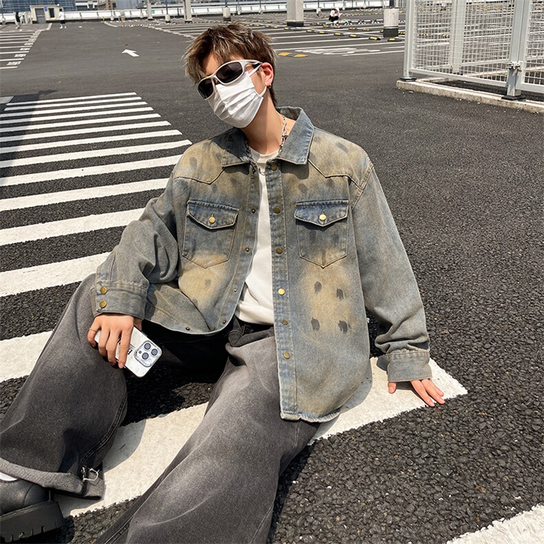 港风潮牌复古水洗做旧牛仔外套宽松休闲设计感外套,男装工装外套,星座410-6（原星座1304-1）