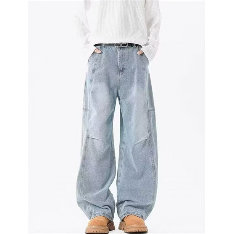 复古打褶水洗牛仔裤男直筒宽松解构弯刀阔腿美式高街裤子N52，男装牛仔裤，星座1116A（原606A-3）