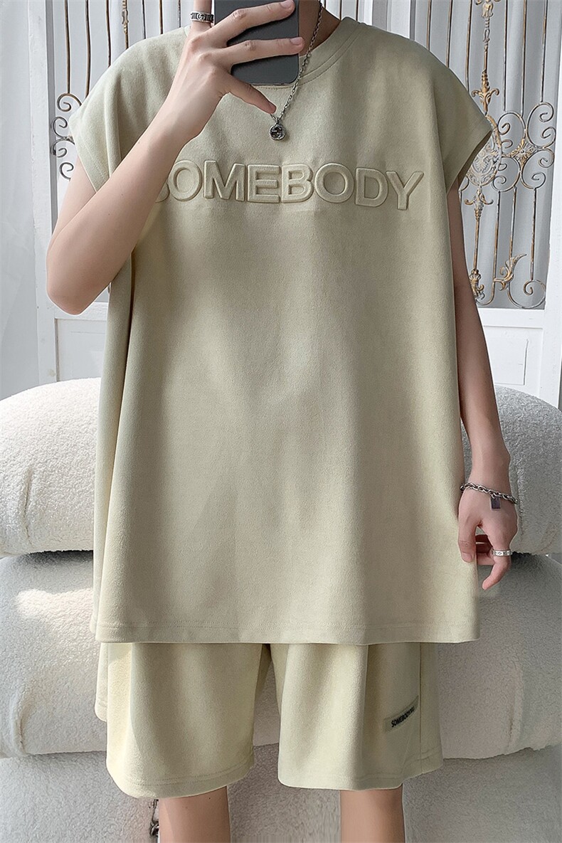 夏季宽松钢印麂皮绒套装男背心短裤两件套港风B299-X5519-P65控85,男装牛仔裤,电商A061-1