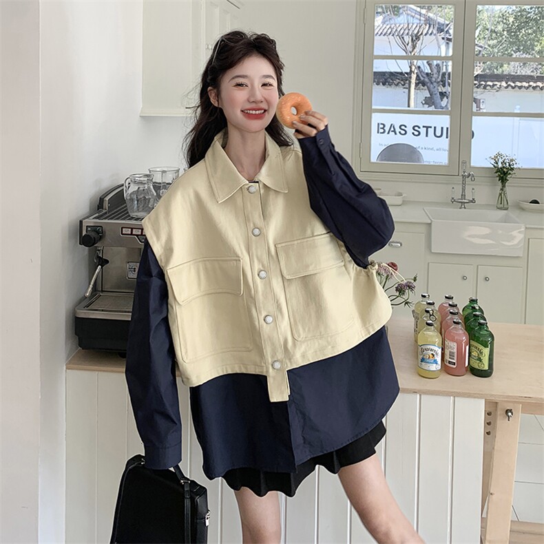 现货工装风马甲拼接个性衬衫假两件套2C050-1226-P155-K238,女装短外套,2C050