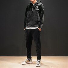 703-TZ172日系男士套装双面金丝绒拼灯芯绒大码加绒冲锋卫衣，男装套装，星座703