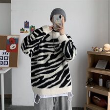 秋冬新韩版宽松黑白斑马纹套头慵懒风毛衣男女ins针织衫T806-P75，男装针织衫/毛衣，星座1501