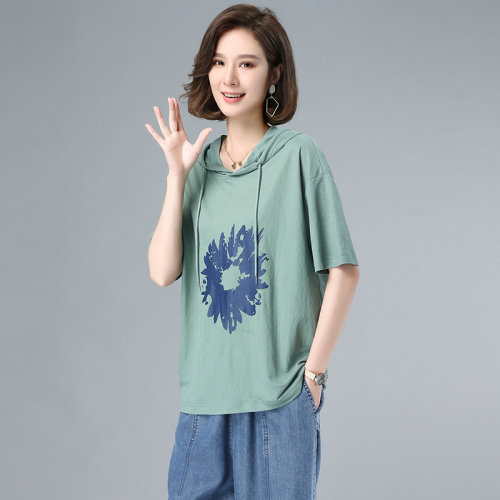 2023夏季新款简约时尚气质连帽宽松休闲舒适印花上衣，女装卫衣/绒衫，独衣靓