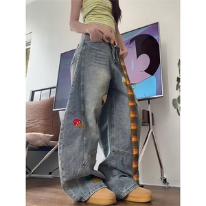 韩版复古直筒牛仔裤女新款刺绣设计阔腿裤美式 配腰带LS41344-P57图片