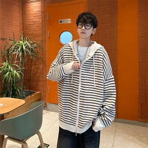 美式条纹连帽开衫针织衫秋冬季潮流宽松休闲百搭毛衣图片