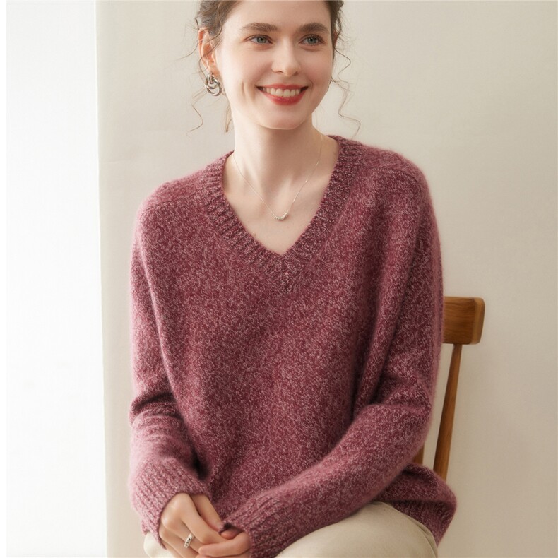 宽松版~慵懒花纱马鞍肩羊绒衫软糯加厚毛衣2025秋冬V领女保暖针织，女装羊绒衫，暖凌绒