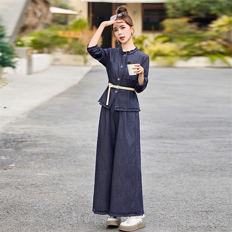 时尚休闲牛仔套装女2025春季新款超好看收腰上衣复古阔腿裤两件套,女装套装/套裙,魅影