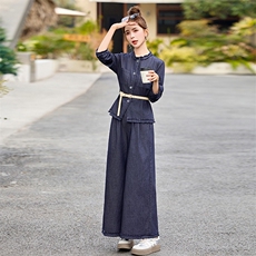 时尚休闲牛仔套装女2025春季新款超好看收腰上衣复古阔腿裤两件套，女装套装/套裙，魅影