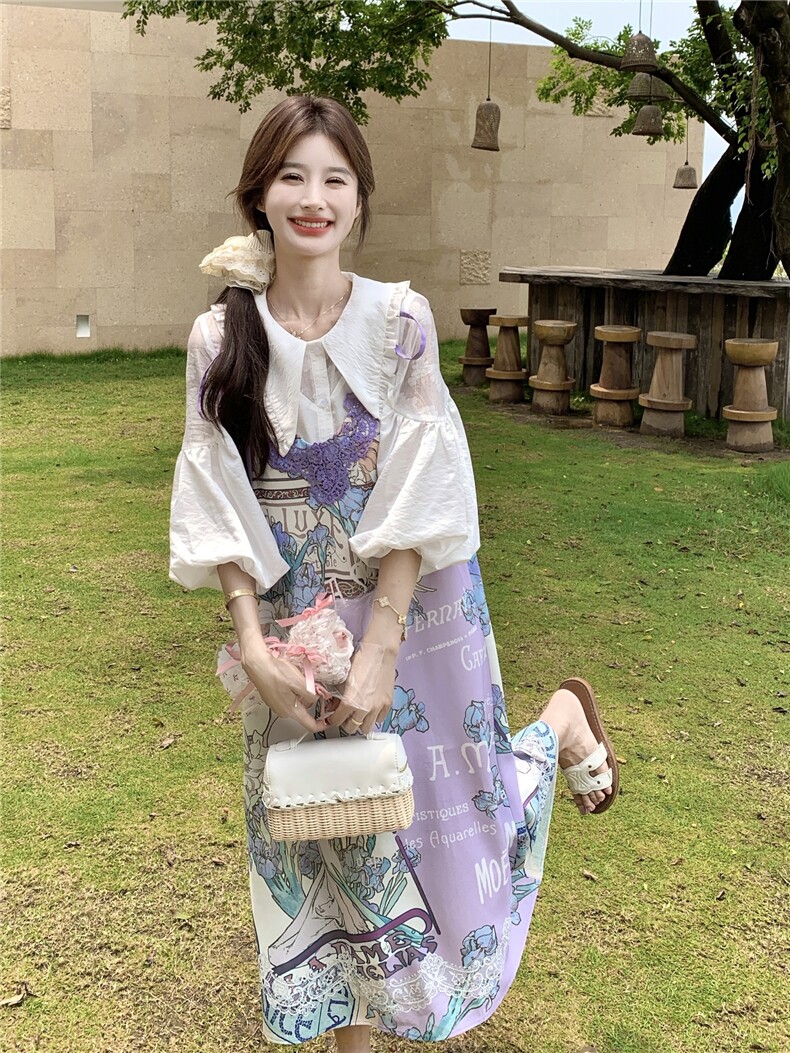 印花套装女夏季2026新款法式娃娃领衬衫蕾丝刺绣领口吊带裙两,女装连衣裙,艾米莉亚