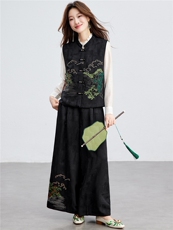 在仓~2026年春夏轻薄背心/马甲上衣两件套刺绣山水画两件套阔腿裤，女装套装/套裙，新依时派